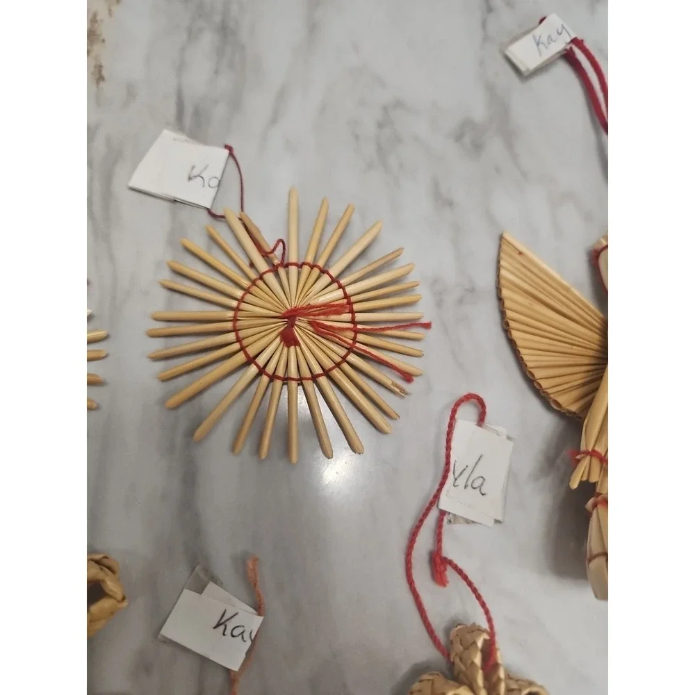 Straw Vintage Set Primitive Hand Made Ornament Christmas Stars & Angel Set Of 5